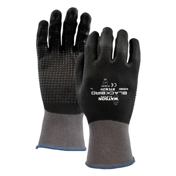 Gloves - Foam Nitrile Coated with Dotted Palm Stealth Blackbird Black 395 Large 6PR/PK