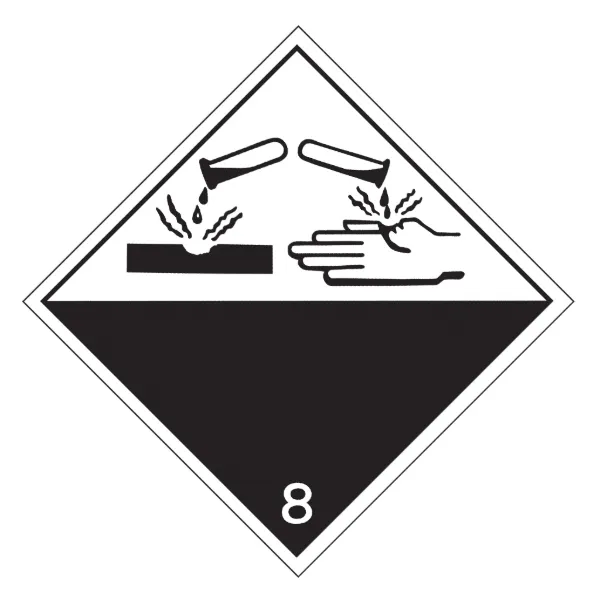 Labels T.D.G. - Hazard Class 8 Corrosive Black/White DG801 4INx4IN 500/RL